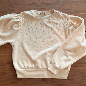 Express Puff Sleeve Embellished Pearl Sweatshirt